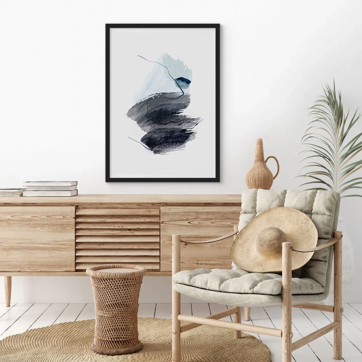 Plakát v černém rámu - Abstraktní tahy štětcem v odstínech šedé - 50x70cm - Intenzita a pohyb - Moderní nástěnná dekorace do obývacího pokoje a ložnice ARTTOR