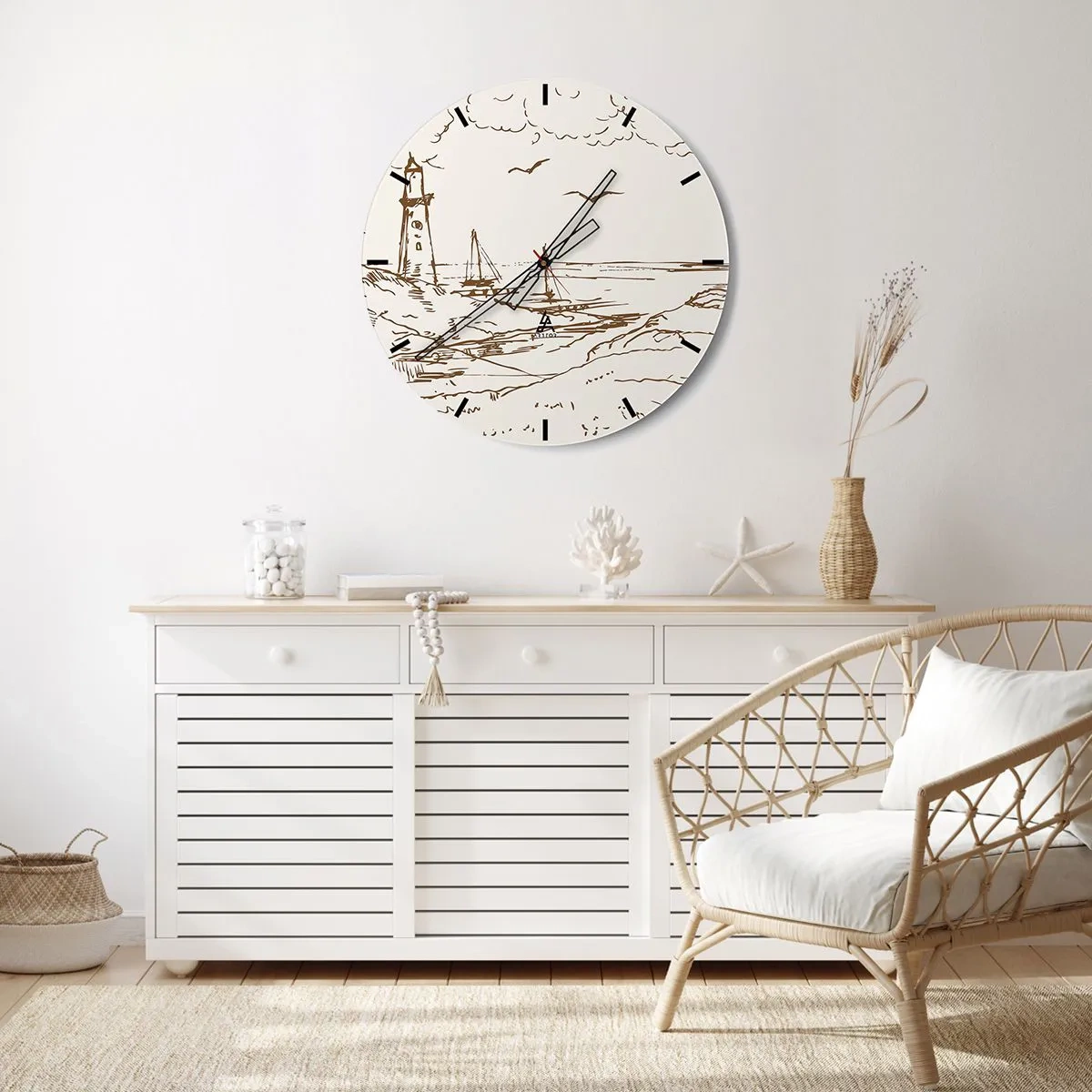Nástěnné hodiny - Ilustrace majáku s plachetnicí a ptáky proti obloze - 30x30cm - Náčrt letních vzpomínek - Moderní nástěnná dekorace do obývacího pokoje, kuchyně a ložnice ARTTOR