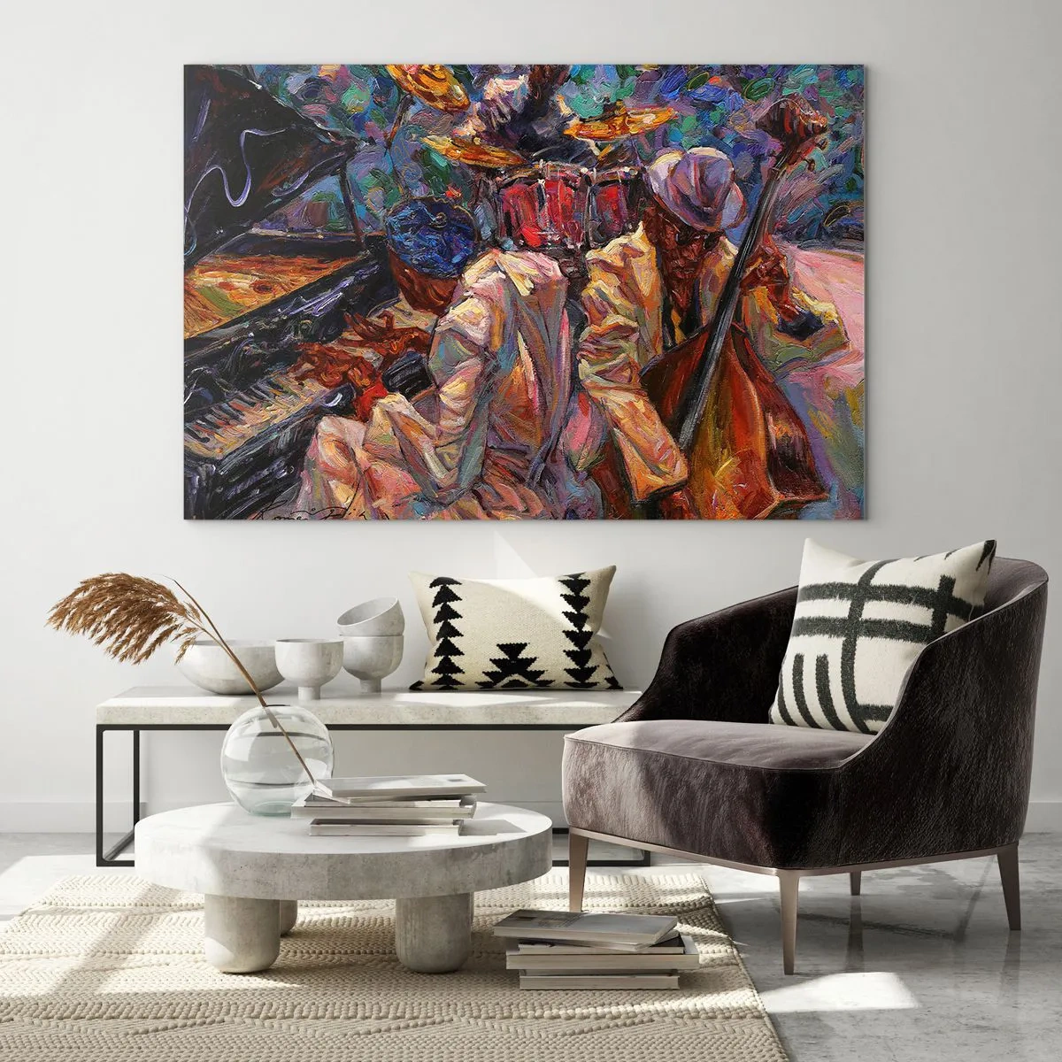 Obraz na skle - Barevné jazzové pódium s hudebníky a nástroji - 70x50cm - V jednom rytmu - Moderní nástěnná dekorace do obývacího pokoje a ložnice ARTTOR