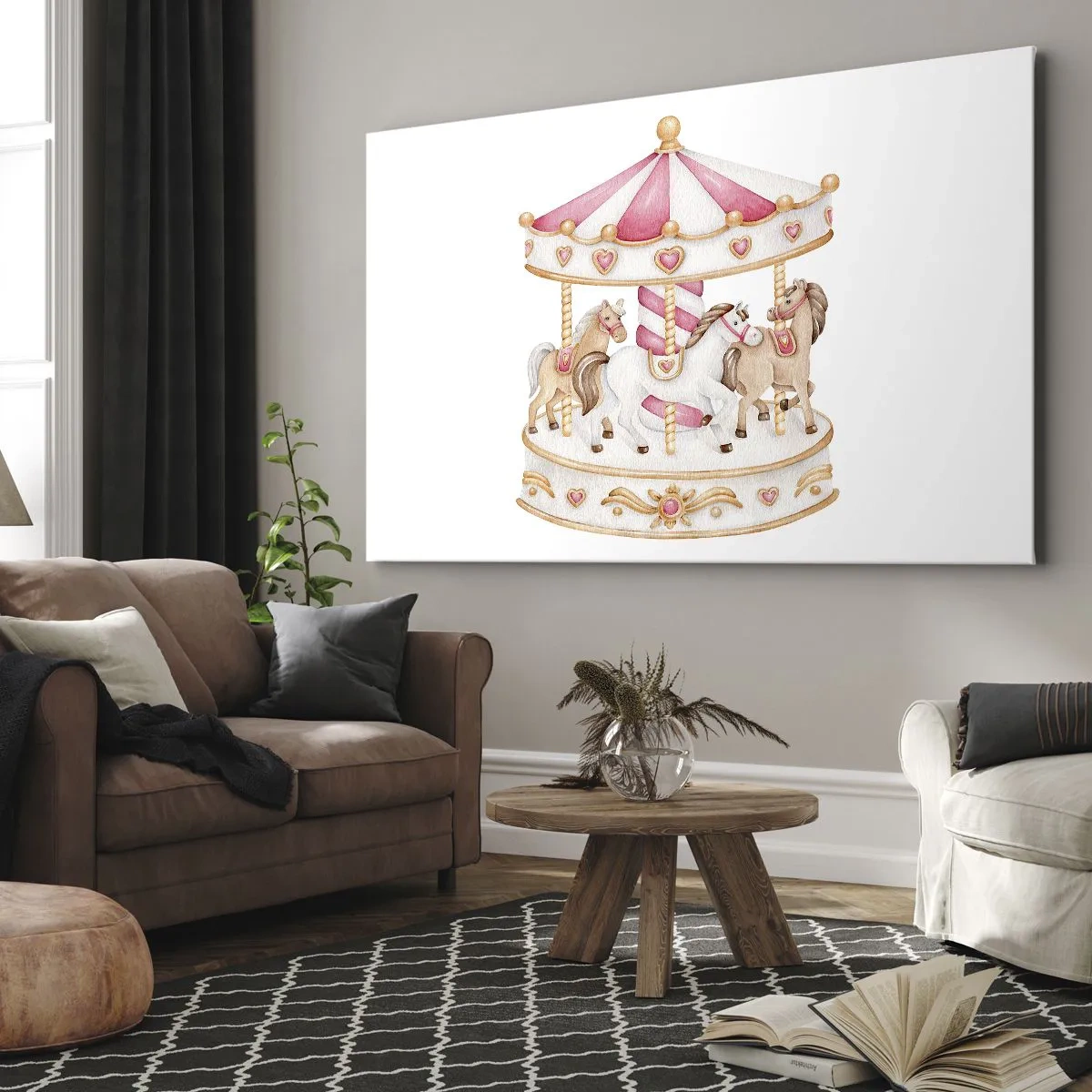 Obraz na plátně - Barevný vintage kolotoč s koňmi - 70x50cm - Sladký svět dětství - Moderní nástěnná dekorace do obývacího pokoje a ložnice ARTTOR