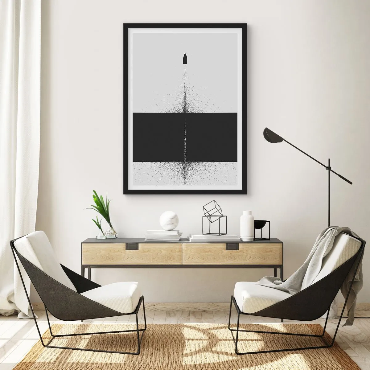 Plakát v černém rámu - Minimalistická abstrakce s raketou na rozděleném pozadí - 50x70cm - Přímo k cílu - Moderní nástěnná dekorace do obývacího pokoje a ložnice ARTTOR