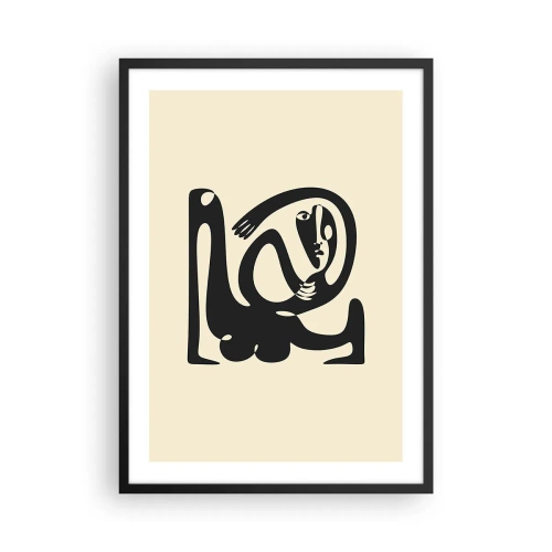 Plakát v černém rámu - Abstraktní postava na béžovém pozadí s černými čarami - 50x70cm - Téměř Picasso - Moderní nástěnná dekorace do obývacího pokoje a ložnice ARTTOR