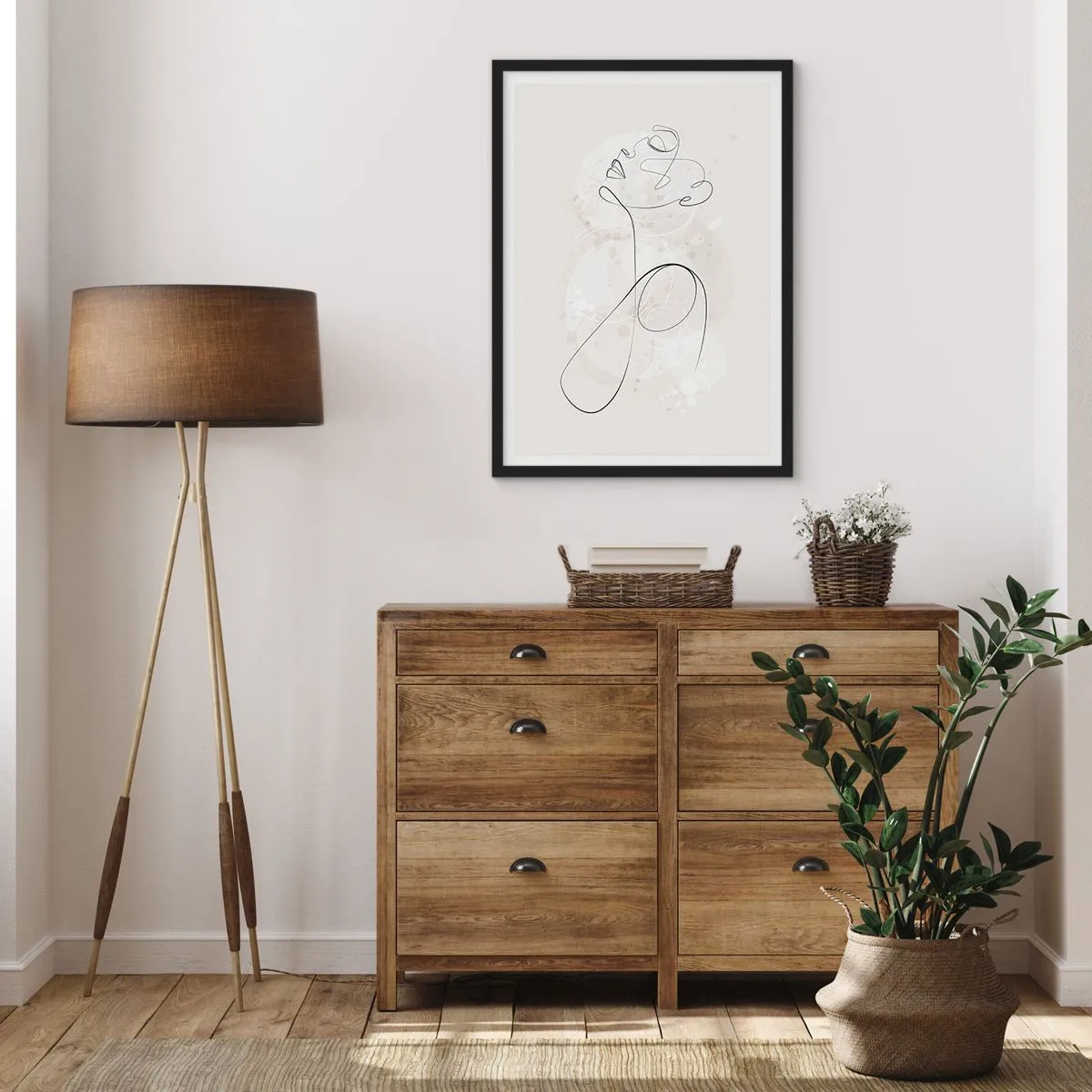 Plakát v černém rámu - Obrysová linie postavy na pozadí jemných pastelových tvarů - 50x70cm - Spirála krásy - Moderní nástěnná dekorace do obývacího pokoje a ložnice ARTTOR