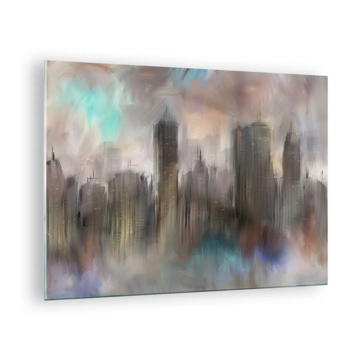 Obraz na skle - Abstraktní obraz města s mrakodrapy - 70x50cm - Kompozice z oceli, kamene a mlhy - Moderní nástěnná dekorace do obývacího pokoje a ložnice ARTTOR