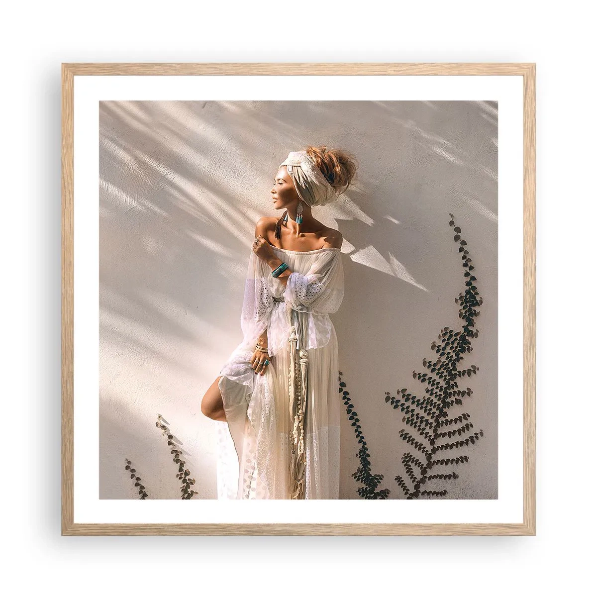 Plakát v rámu světlý dub - Slunce a dívka - 60x60 cm