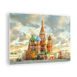 Obraz na skle - Chrám Vasila Blaženého v Moskvě proti zatažené obloze - 70x50cm - To by nevymyslel ani Disney - Moderní nástěnná dekorace do obývacího pokoje a ložnice ARTTOR