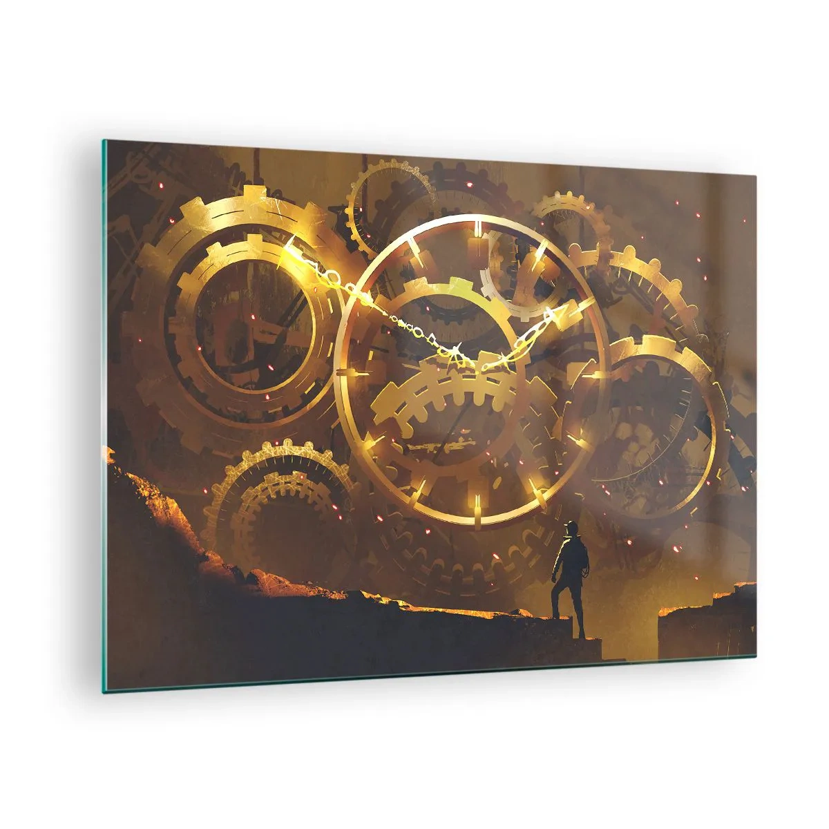 Obraz na skle - Zlatá steampunk ozubená kola s podsvícením proti lidské siluetě - 70x50cm - U zdroje času - Moderní nástěnná dekorace do obývacího pokoje a ložnice ARTTOR