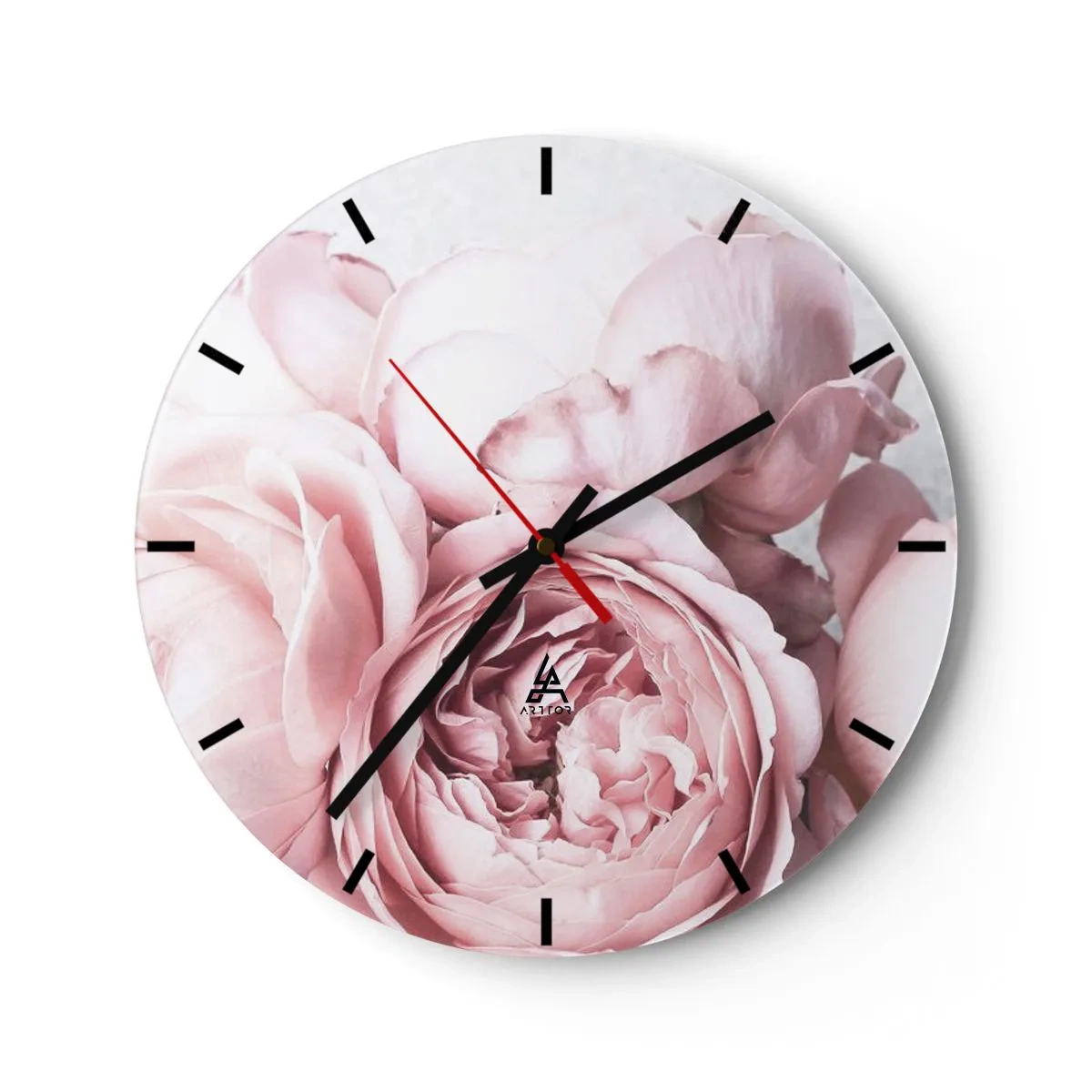 Nástěnné hodiny - Jemné růžové pivoňky v detailním záběru - 30x30cm - Pro romantiky - Moderní nástěnná dekorace do obývacího pokoje, kuchyně a ložnice ARTTOR