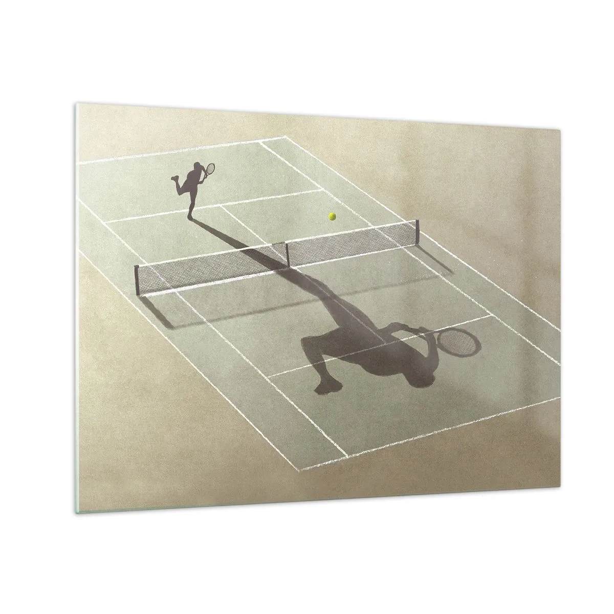 Obraz na skle - Postava tenisty a jeho stín na kurtu během podání - 70x50cm - Dobývání sama sebe - Moderní nástěnná dekorace do obývacího pokoje a ložnice ARTTOR