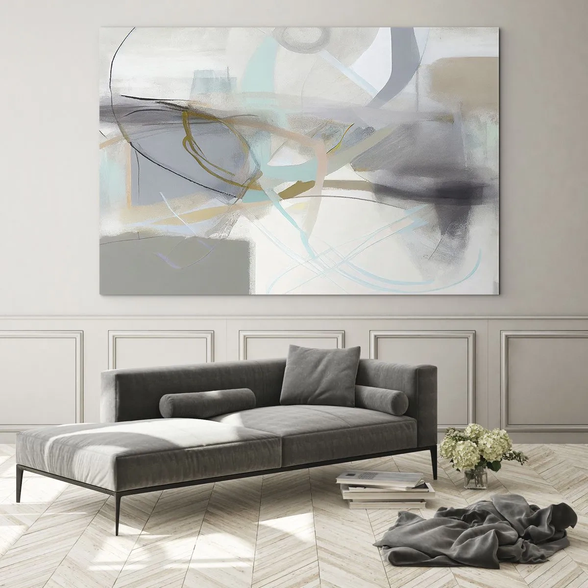 Obraz na skle - Mlhavá abstrakce s pastelovými a grafitovými akcenty. - 70x50cm - Mlhavá abstrakce - Moderní nástěnná dekorace do obývacího pokoje a ložnice ARTTOR