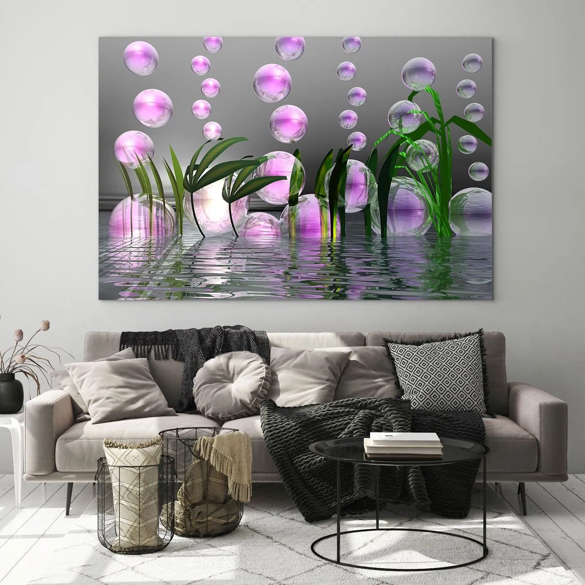 Obraz na skle - Fialové bubliny plovoucí nad vodou s rostlinami - 70x50cm - Reflexní kompozice lehkosti a života - Moderní nástěnná dekorace do obývacího pokoje a ložnice ARTTOR