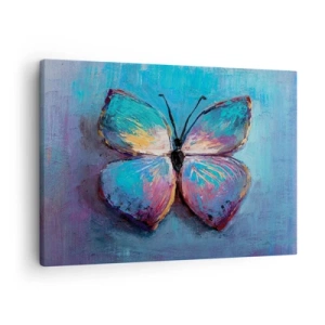 Obraz na plátně - Barevný motýl na modrém pozadí - 70x50cm - V celé své kráse - Moderní nástěnná dekorace do obývacího pokoje a ložnice ARTTOR