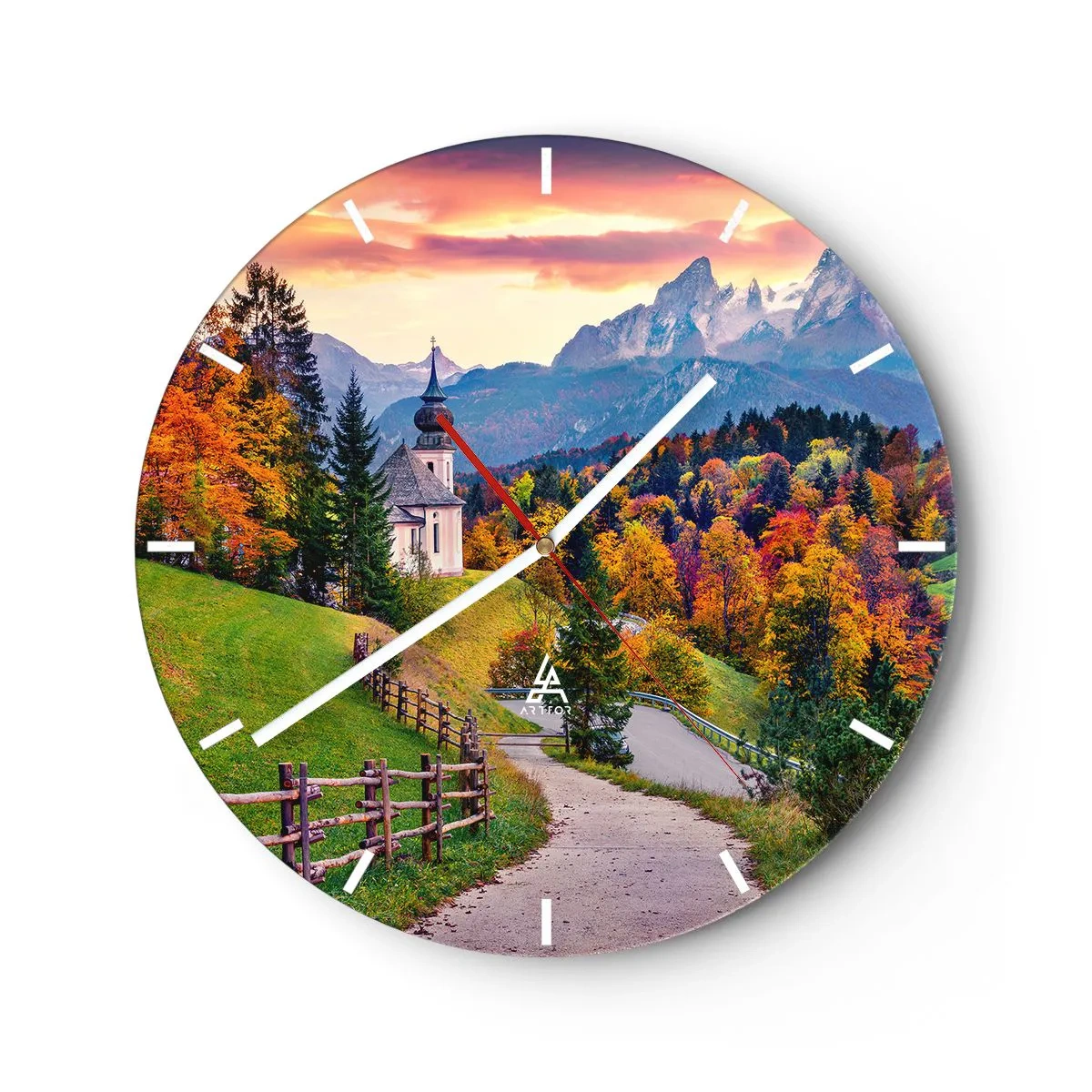Nástěnné hodiny - Podzimní horská krajina s kostelem a uličkou - 30x30cm - Naprosto ideální krajina - Moderní nástěnná dekorace do obývacího pokoje, kuchyně a ložnice ARTTOR
