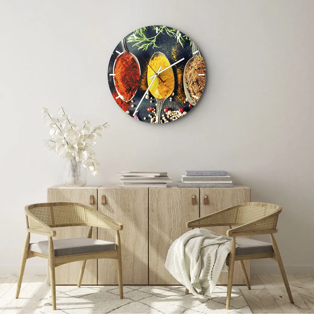 Nástěnné hodiny - Barevné koření a bylinky uspořádané na lžičkách - 30x30cm - Kulinářská magie - Moderní nástěnná dekorace do obývacího pokoje, kuchyně a ložnice ARTTOR