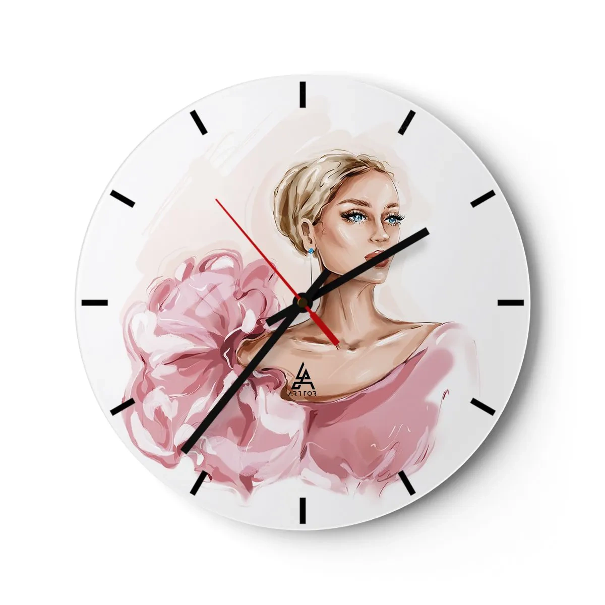 Nástěnné hodiny - Stylizovaný portrét ženy v růžových šatech na bílém pozadí - 30x30cm - Jako malovaná… - Moderní nástěnná dekorace do obývacího pokoje, kuchyně a ložnice ARTTOR