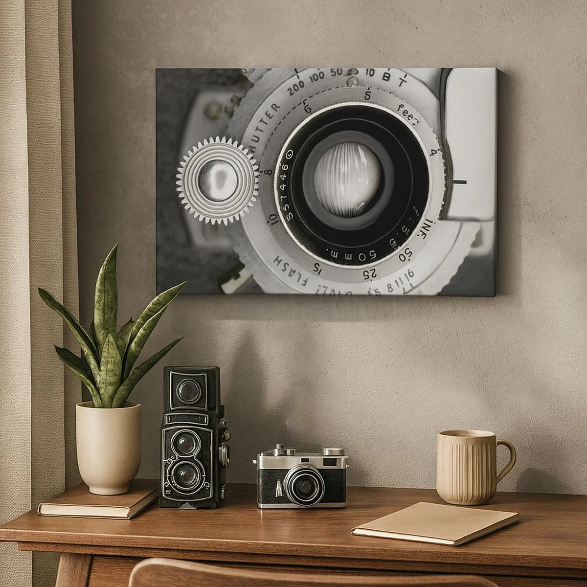 Obraz na plátně - Objektiv starého fotoaparátu - 70x50cm - Příběh o Hollywoodu - Moderní nástěnná dekorace do obývacího pokoje a ložnice ARTTOR