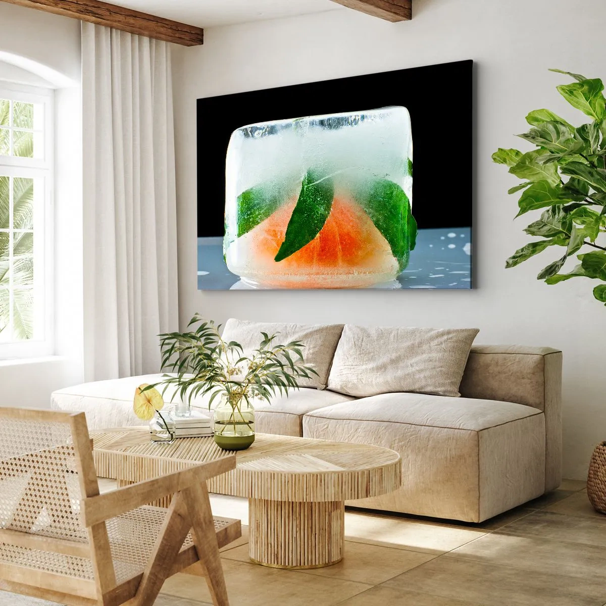 Obraz na plátně - Kostka ledu s pomerančem a listy - 70x50cm - Svěžest a osvěžení - Moderní nástěnná dekorace do obývacího pokoje a ložnice ARTTOR