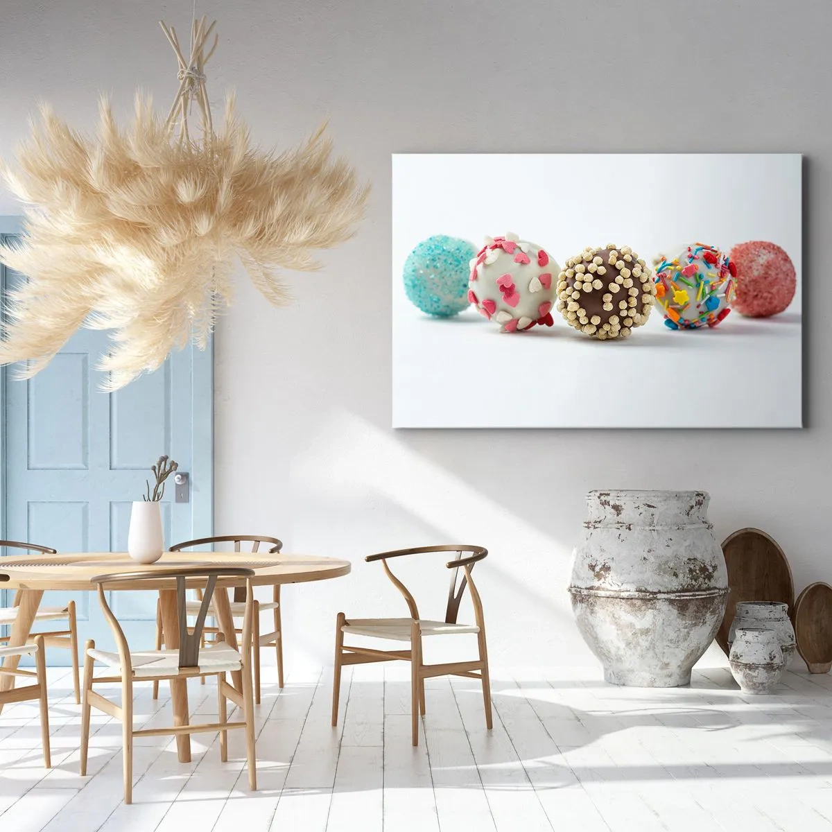 Obraz na plátně - Barevné pralinky s dekoracemi na bílém pozadí - 70x50cm - Život může být sladký - Moderní nástěnná dekorace do obývacího pokoje a ložnice ARTTOR