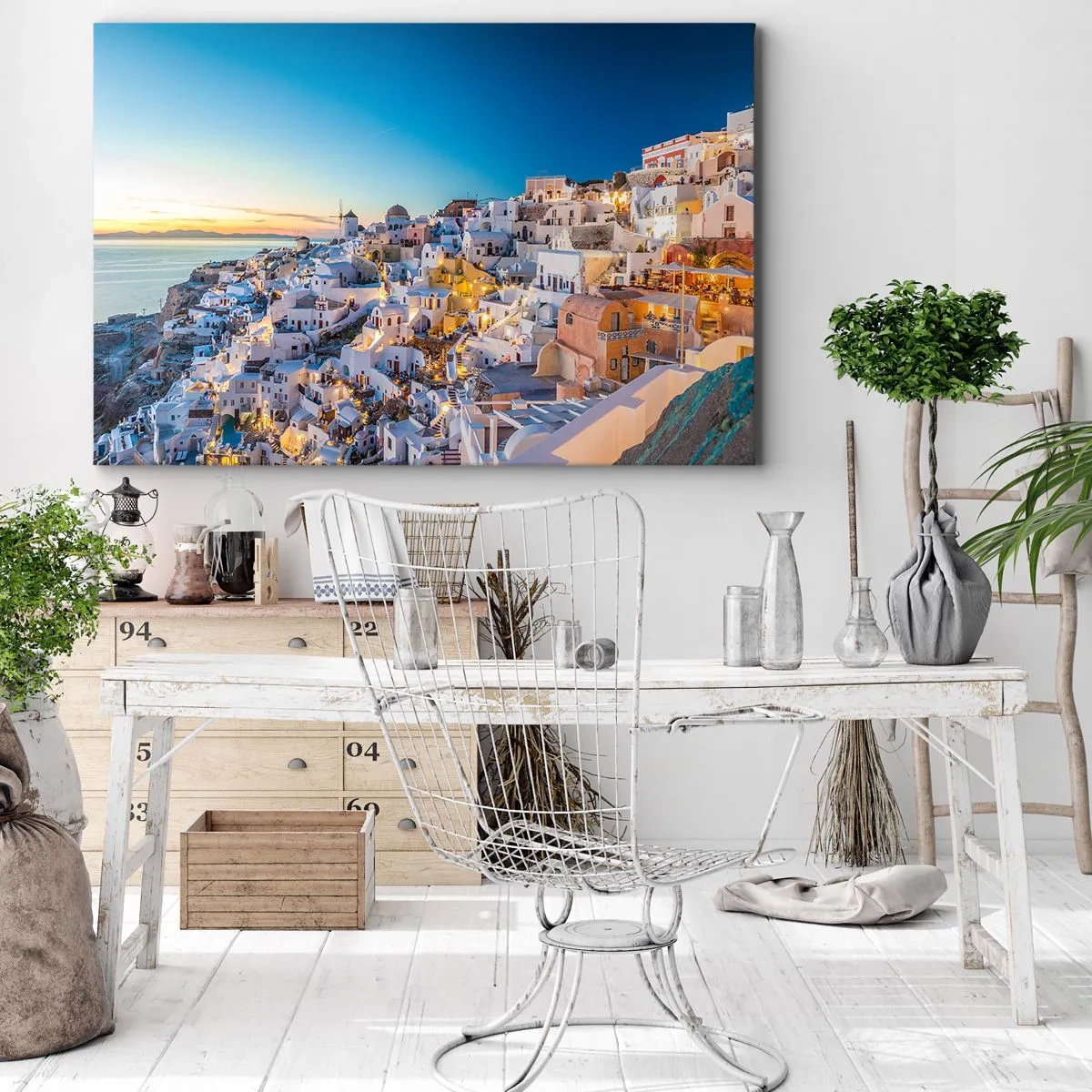 Obraz na plátně - Pohled na řecké město při západu slunce - 70x50cm - Esence Řecka - Moderní nástěnná dekorace do obývacího pokoje a ložnice ARTTOR