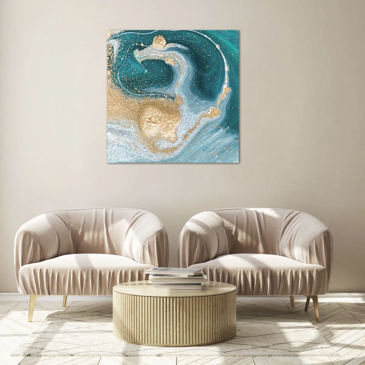 Obraz na skle - Vír zlaté a tyrkysové - 30x30 cm