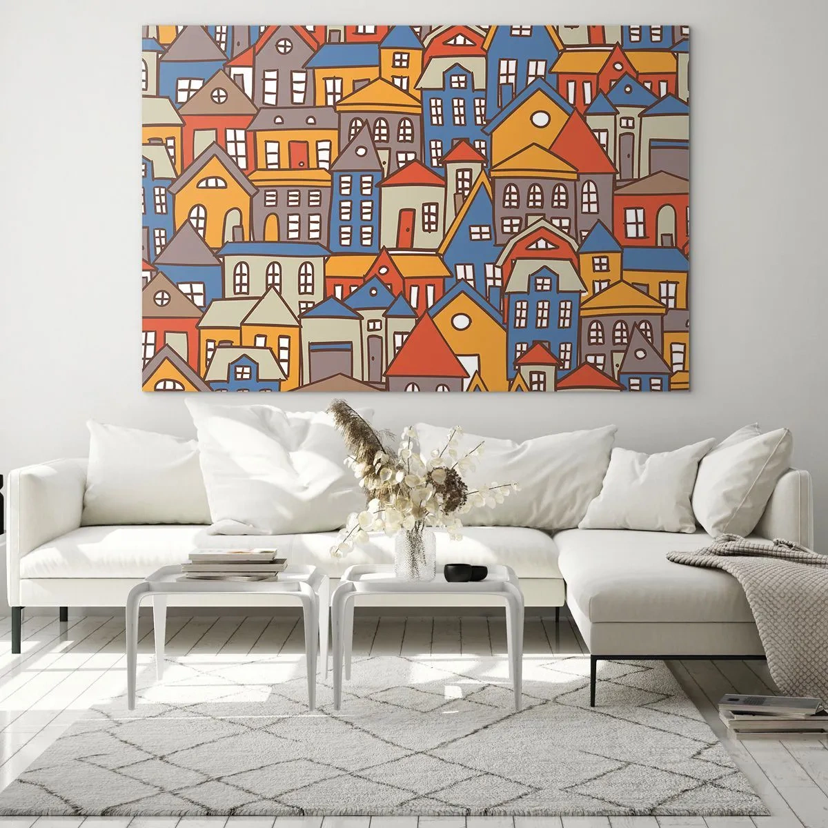 Obraz na skle - Barevné domy v grafickém stylu vytvářejí veselou krajinu - 70x50cm - Za domem dům - Moderní nástěnná dekorace do obývacího pokoje a ložnice ARTTOR