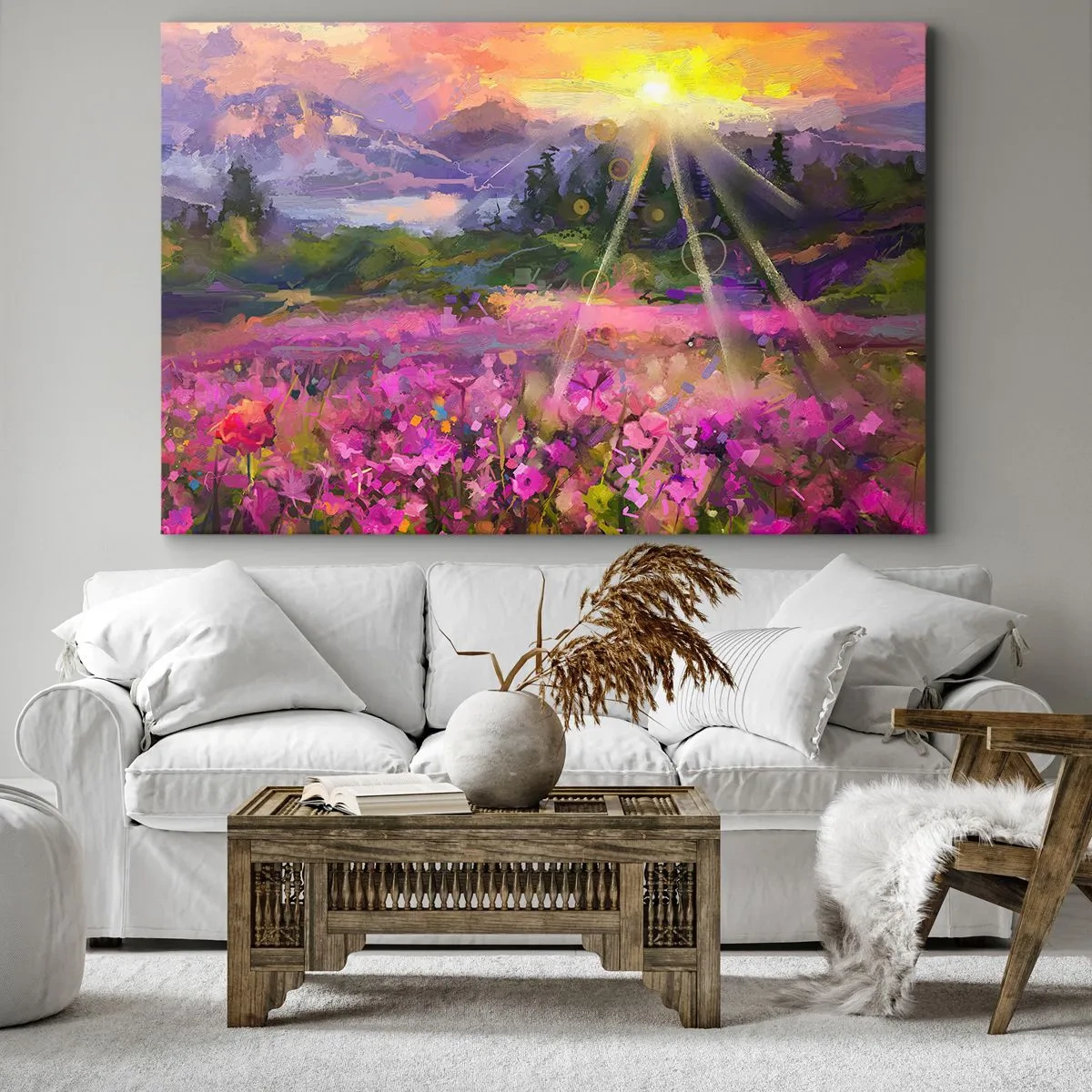 Obraz na plátně - Malebná louka v paprscích zapadajícího slunce - 70x50cm - V údolí v péči slunce - Moderní nástěnná dekorace do obývacího pokoje a ložnice ARTTOR
