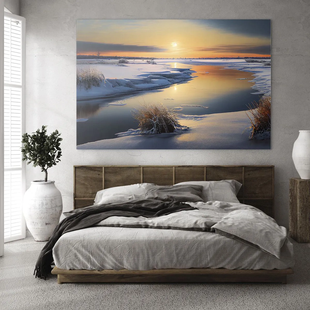 Obraz na skle - Zimní krajina se západem slunce nad zamrzlou řekou - 70x50cm - Zimní západ slunce - Moderní nástěnná dekorace do obývacího pokoje a ložnice ARTTOR