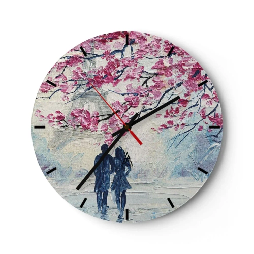 Nástěnné hodiny - Romantický obraz páru pod rozkvetlými růžovými stromy - 30x30cm - Romantická procházka - Moderní nástěnná dekorace do obývacího pokoje, kuchyně a ložnice ARTTOR