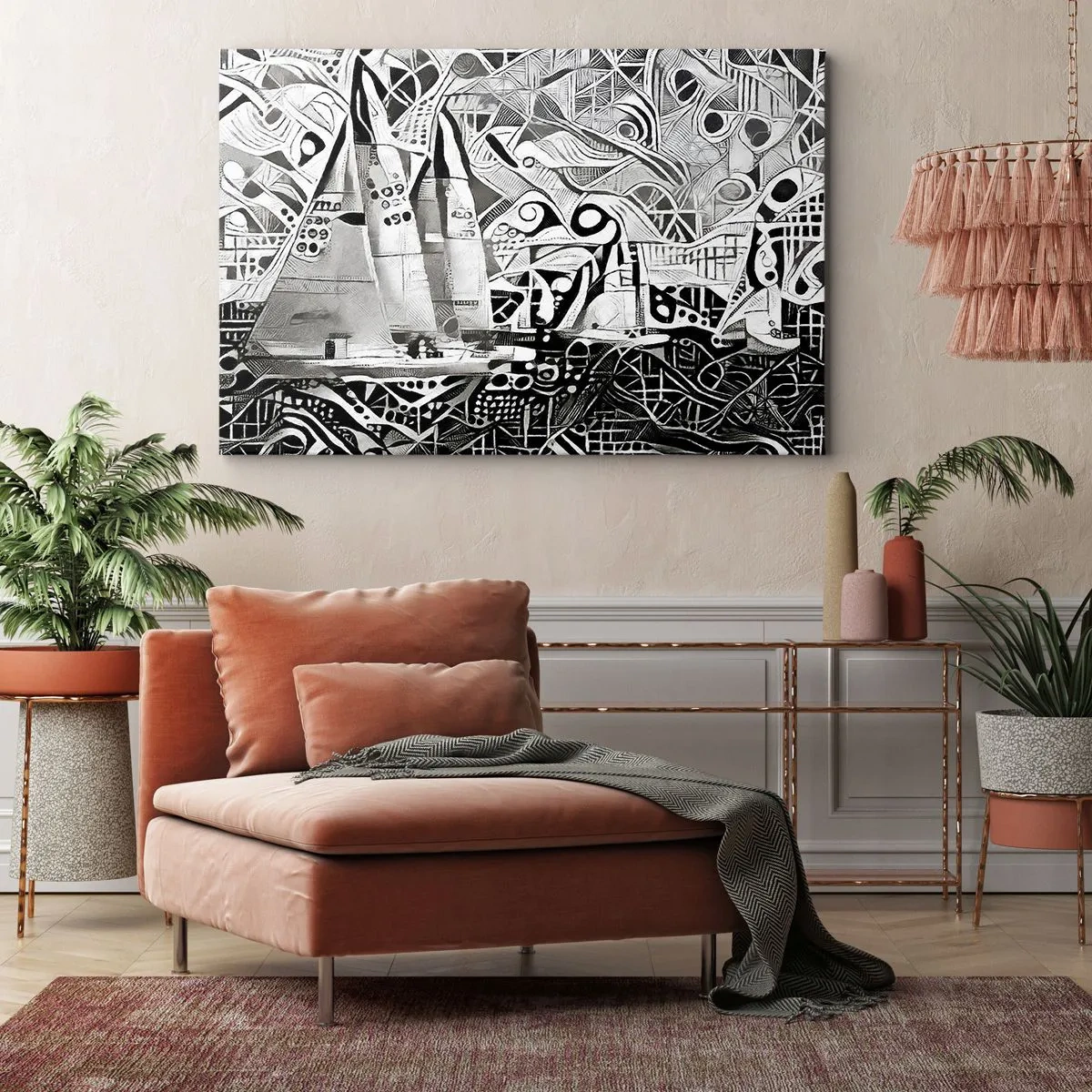 Obraz na plátně - Abstraktní plachetnice v monochromatické kompozici - 70x50cm - Mezi vlnami - Moderní nástěnná dekorace do obývacího pokoje a ložnice ARTTOR