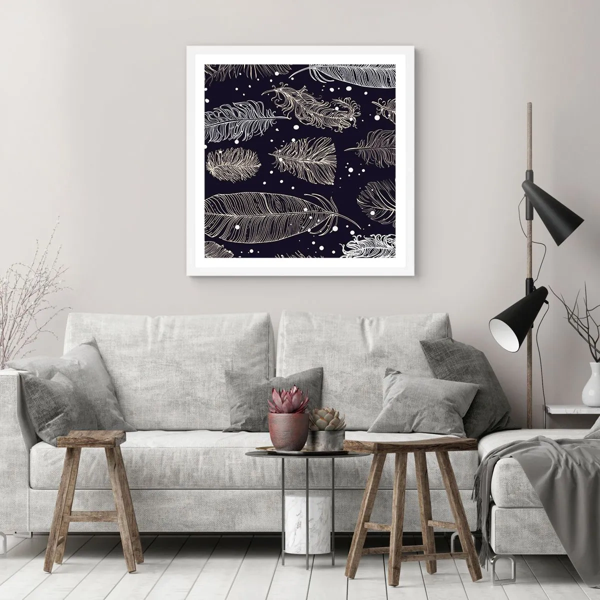 Plakát v bílém rámu - Krajka s peřím - 50x50 cm