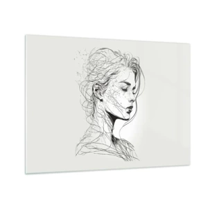Obraz na skle - Černobílá skica ženy se zavřenýma očima v jemné linii. - 70x50cm - Portrét v zamyšlení - Moderní nástěnná dekorace do obývacího pokoje a ložnice ARTTOR