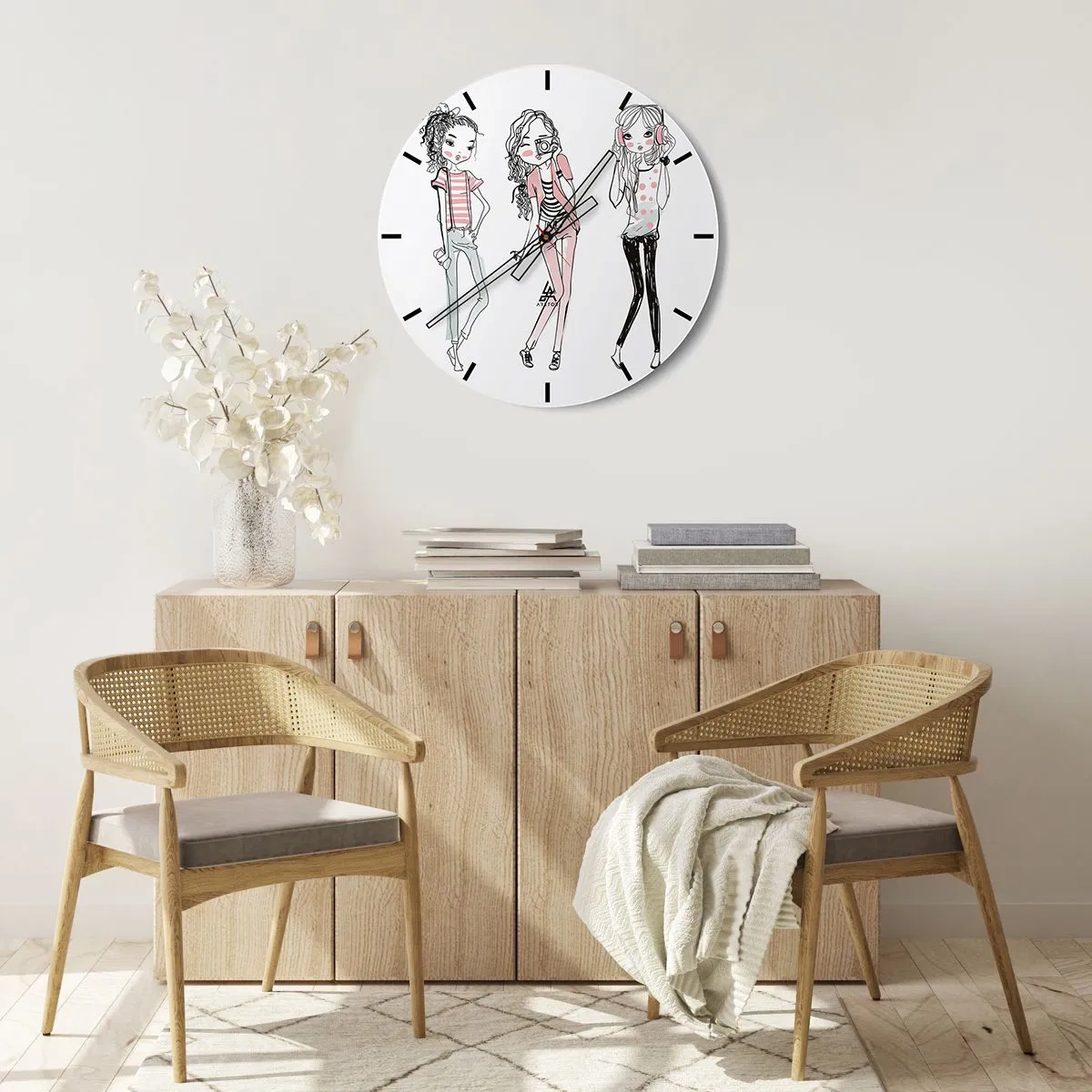 Nástěnné hodiny - Tři dívky v moderním stylu - 30x30cm - Bude, bude zábava - Moderní nástěnná dekorace do obývacího pokoje, kuchyně a ložnice ARTTOR
