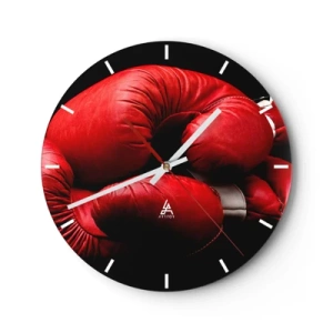 Nástěnné hodiny - Červené boxerské rukavice na tmavém pozadí - 30x30cm - Emoce války za námi - Moderní nástěnná dekorace do obývacího pokoje, kuchyně a ložnice ARTTOR