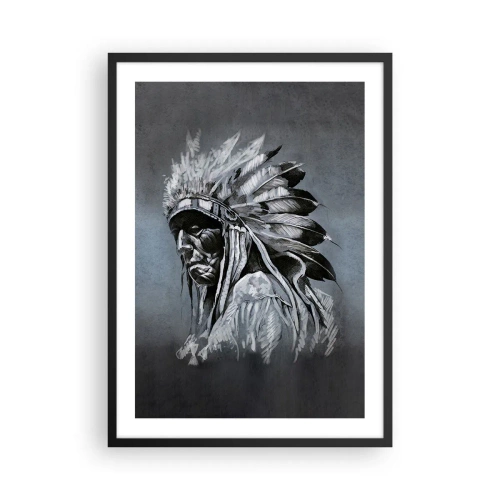 Plakát v černém rámu - Portrét indiánského náčelníka v péřové čelence na šedém pozadí - 50x70cm - Návrat k základům - Moderní nástěnná dekorace do obývacího pokoje a ložnice ARTTOR