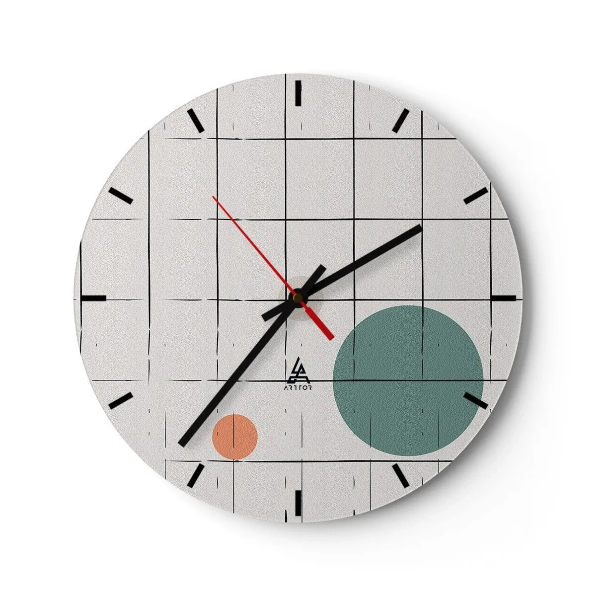 Nástěnné hodiny - Mřížka svislých a vodorovných linií s barevnými kruhy na pozadí - 30x30cm - V pasti. My nebo ony? - Moderní nástěnná dekorace do obývacího pokoje, kuchyně a ložnice ARTTOR
