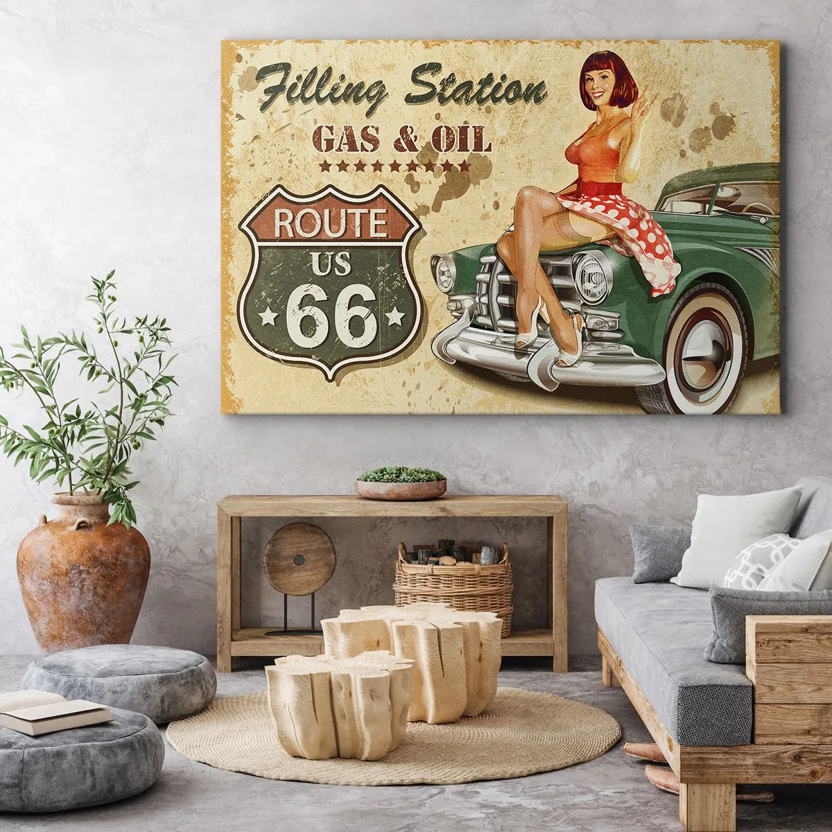 Obraz na plátně - Retro plakát Route 66 s pin-up girl a autem - 70x50cm - Skvělá 40. léta - Moderní nástěnná dekorace do obývacího pokoje a ložnice ARTTOR