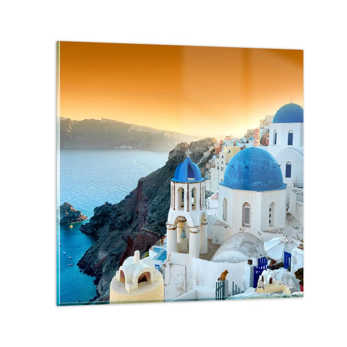 Obraz na skle - Santorini - přitulené ke skalám - 70x70 cm