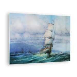 Obraz na skle - Loď s plachtami plující po rozbouřeném moři pod zataženou oblohou - 70x50cm - Šťastnou cestu - Moderní nástěnná dekorace do obývacího pokoje a ložnice ARTTOR