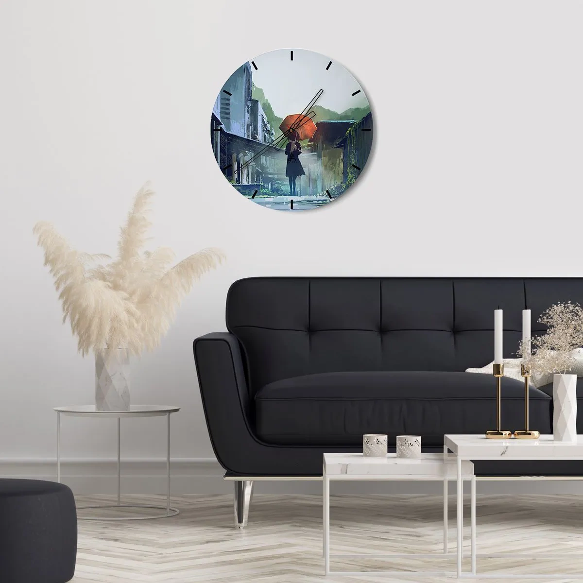 Nástěnné hodiny - Postava s deštníkem v deštivé ulici - 30x30cm - Oživující déšť - Moderní nástěnná dekorace do obývacího pokoje, kuchyně a ložnice ARTTOR