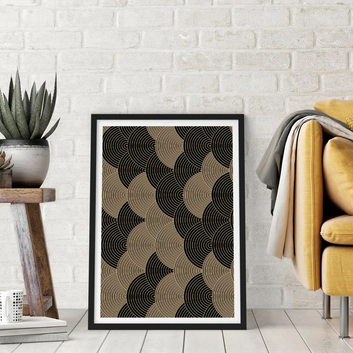 Plakát v černém rámu - Abstraktní vzor v černých a zlatých kruzích - 50x70cm - Jednota v mnohosti - Moderní nástěnná dekorace do obývacího pokoje a ložnice ARTTOR