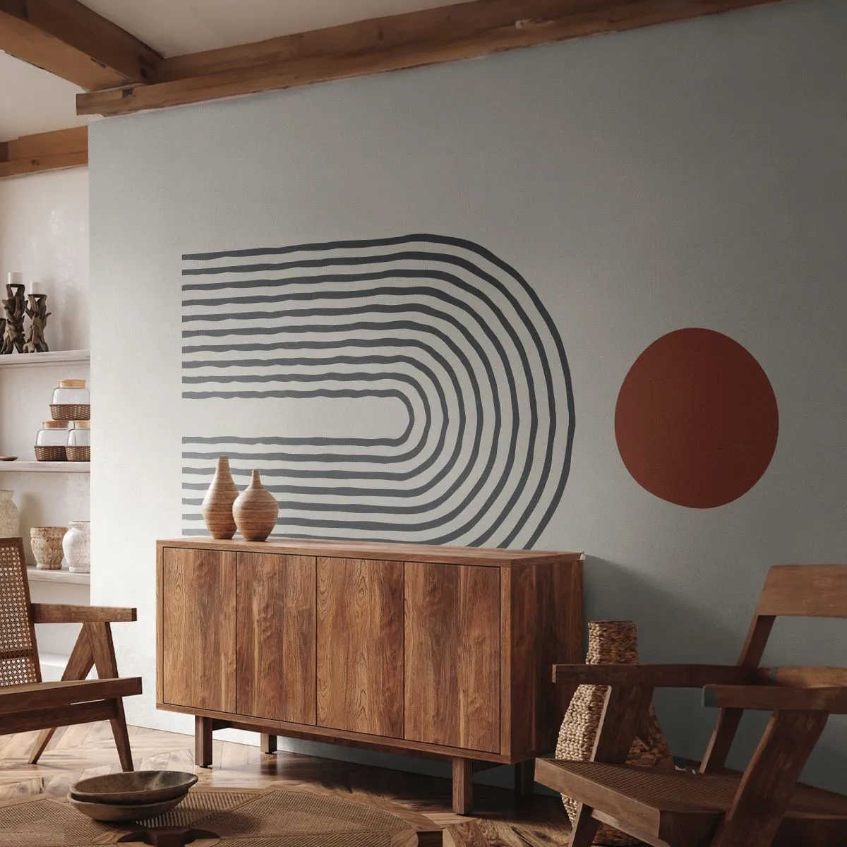 Fototapeta Standard Eco - Moderní abstrakce s čarami a červeným kruhem - 100x70cm - Magnetismus tvarů a barev - Moderní nástěnná dekorace do obývacího pokoje a ložnice ARTTOR