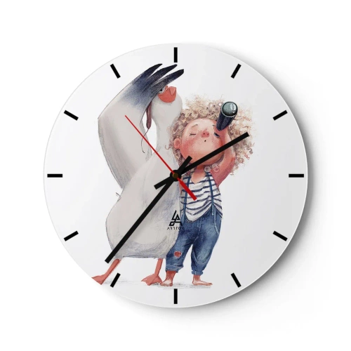 Nástěnné hodiny - Dítě s dalekohledem a velký pták na bílém pozadí - 30x30cm - Plán na skvělou cestu - Moderní nástěnná dekorace do obývacího pokoje, kuchyně a ložnice ARTTOR