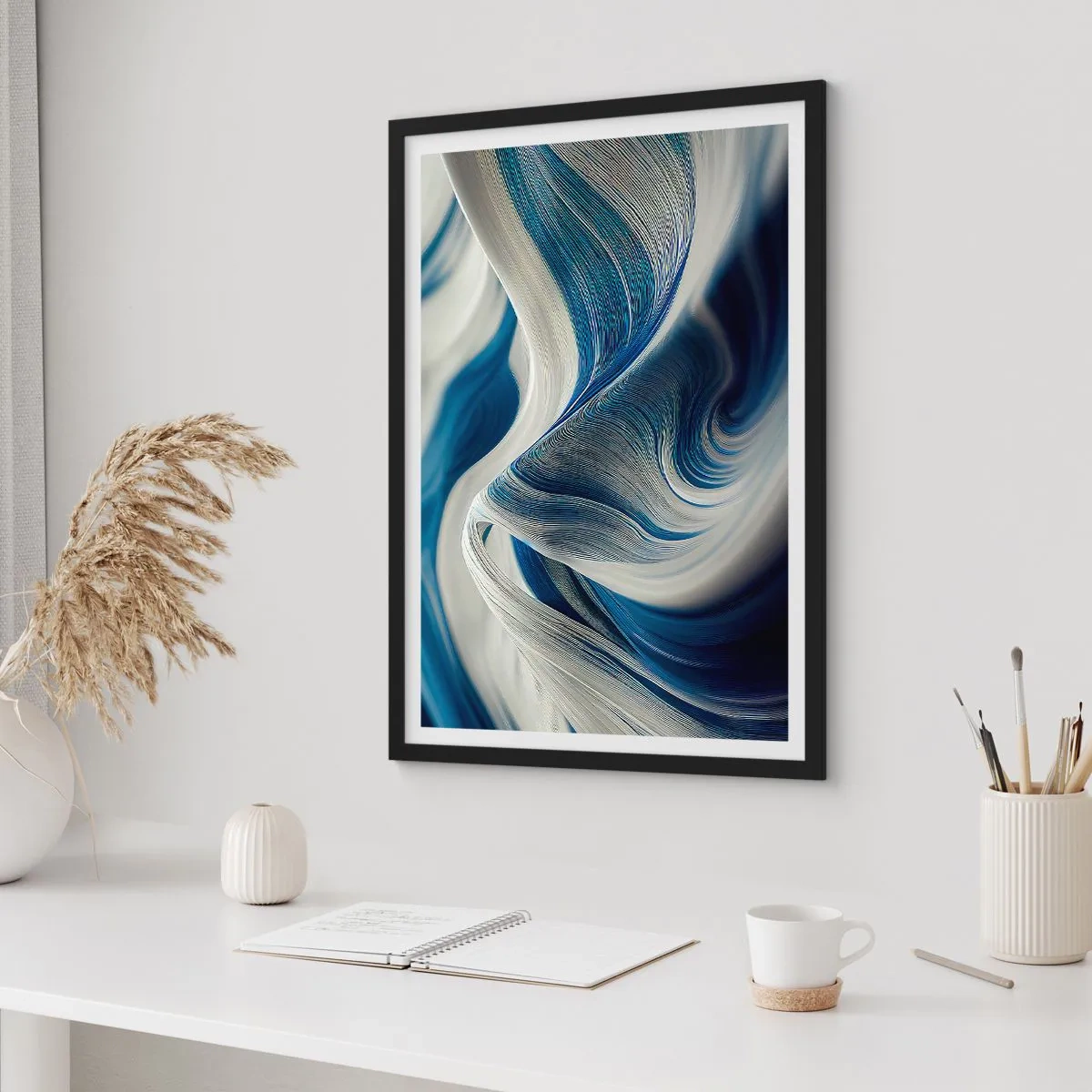 Plakát v černém rámu - Abstraktní vlny v odstínech tmavě modré a bílé - 50x70cm - Plynulost modré a bílé - Moderní nástěnná dekorace do obývacího pokoje a ložnice ARTTOR