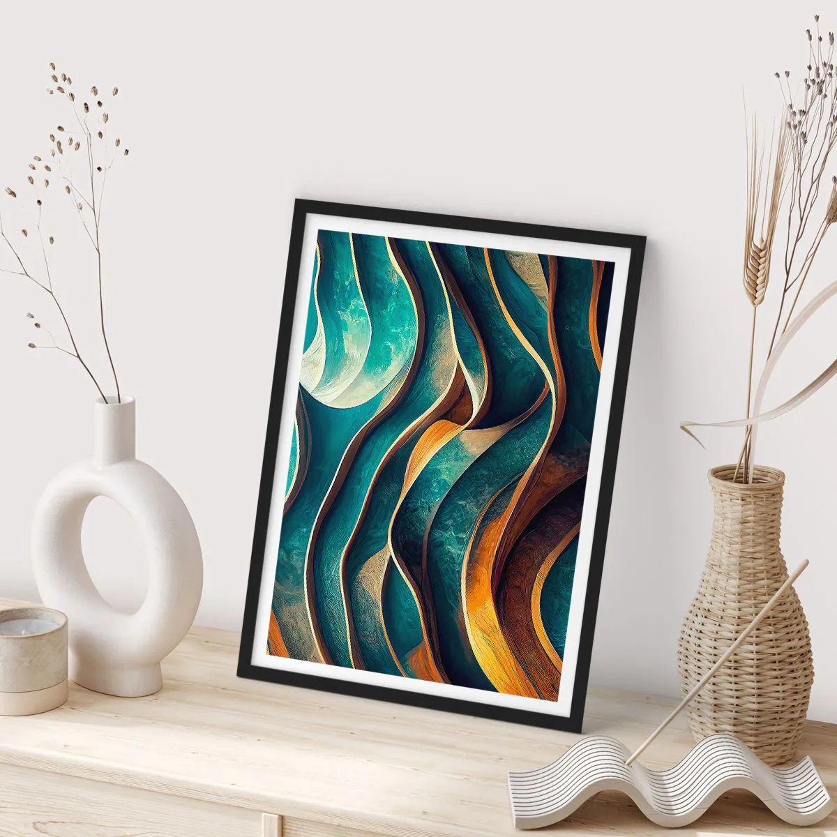 Plakát v černém rámu - Abstraktní kompozice vlnovitých tvarů v tyrkysových odstínech. - 50x70cm - Meandry modré - Moderní nástěnná dekorace do obývacího pokoje a ložnice ARTTOR