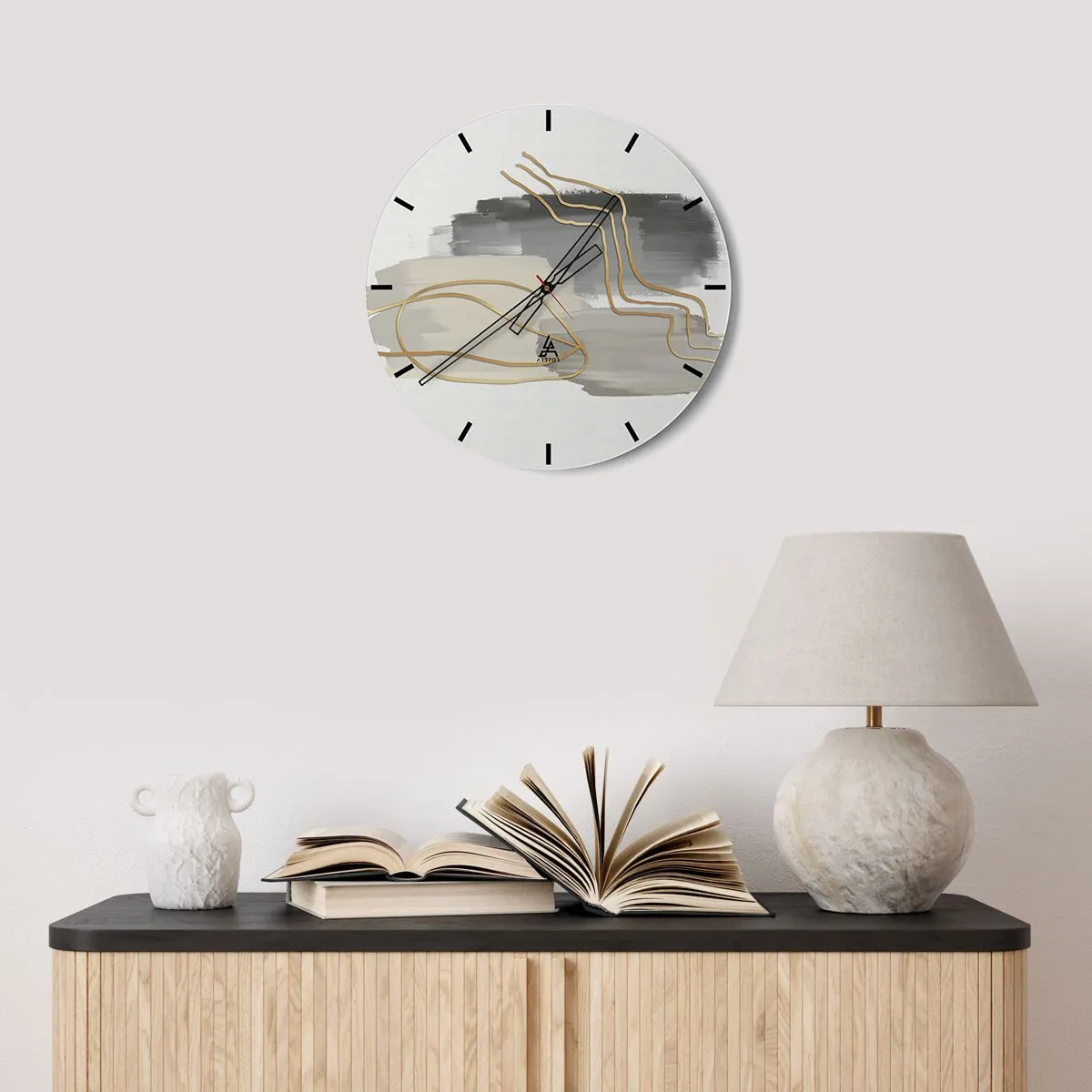 Nástěnné hodiny - Abstraktní kompozice se šedými a zlatými linkami - 30x30cm - Trvání a pohyb - Moderní nástěnná dekorace do obývacího pokoje, kuchyně a ložnice ARTTOR