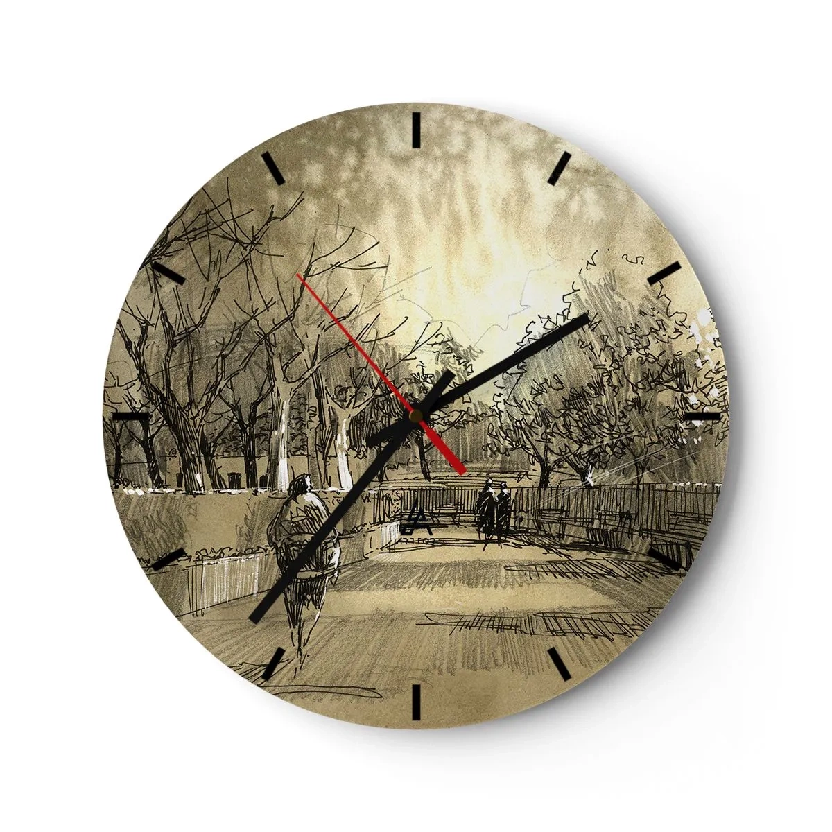Nástěnné hodiny - Náčrt procházky v parku s cestami a stromy - 30x30cm - Pírkem zastavený okamžik - Moderní nástěnná dekorace do obývacího pokoje, kuchyně a ložnice ARTTOR