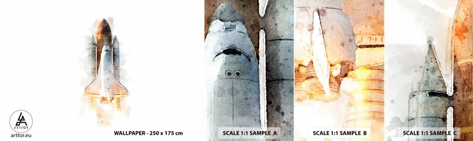 Vzor Fototapety Samolepicí Deluxe Sticker - Průzkumníci do toho - Vesmírná raketa, Kosmos, Minimalismus - 100x30 cm