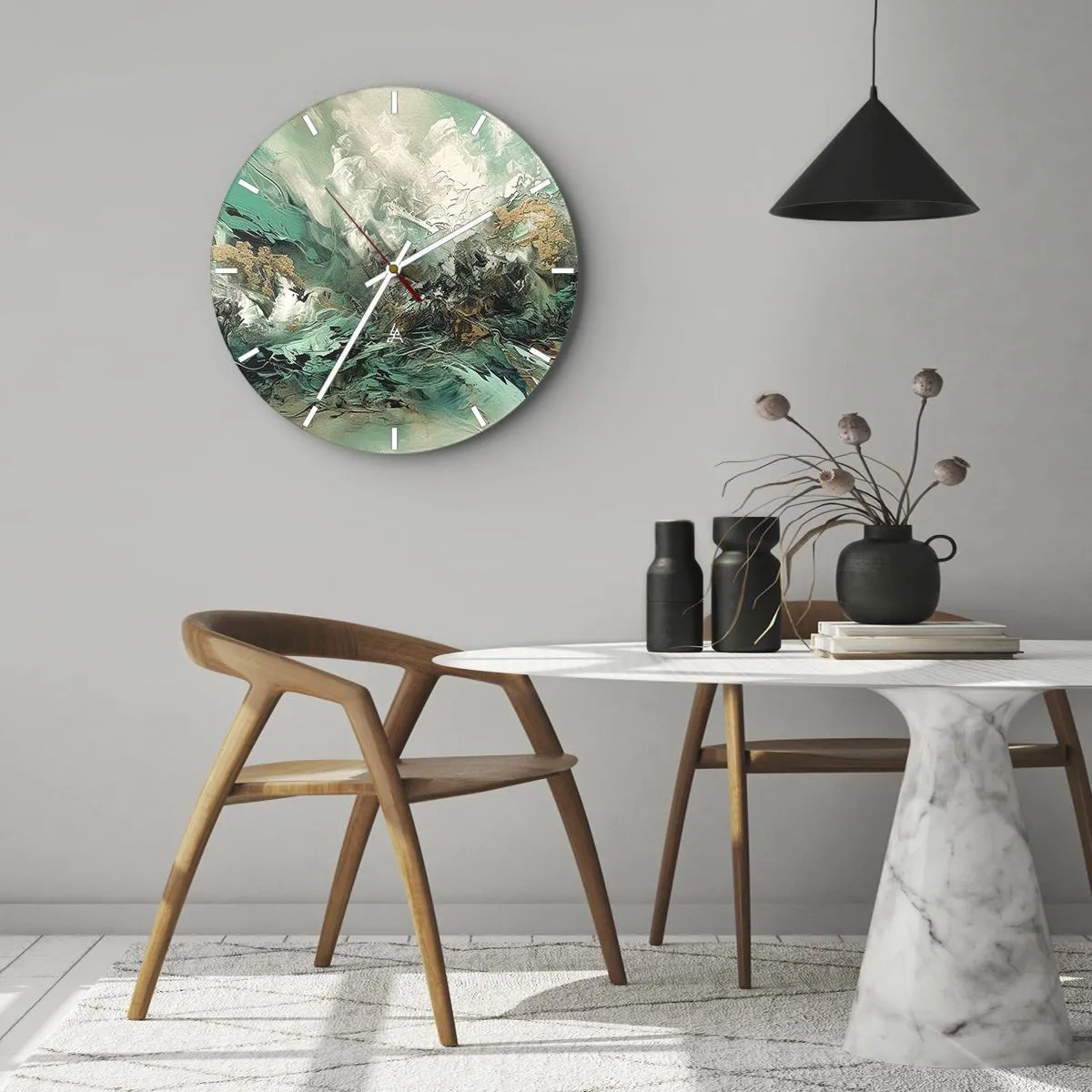 Nástěnné hodiny - Smaragdově černé vlnobití - 30x30 cm