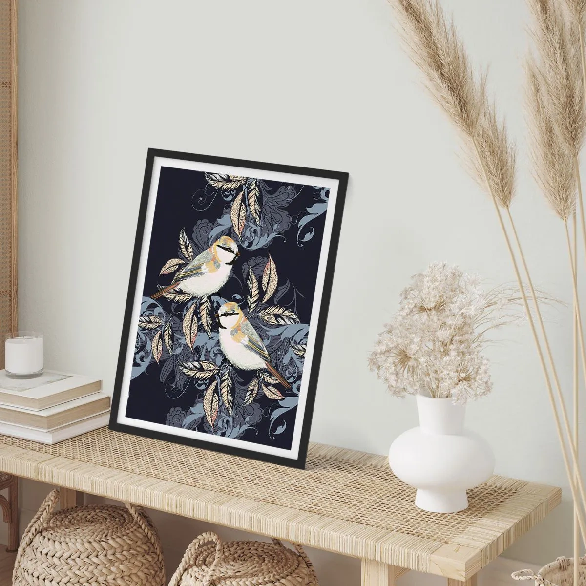 Plakát v černém rámu - Dva ptáci na pozadí dekorativních listů a ornamentů - 50x70cm - Žlutomodrá píseň - Moderní nástěnná dekorace do obývacího pokoje a ložnice ARTTOR