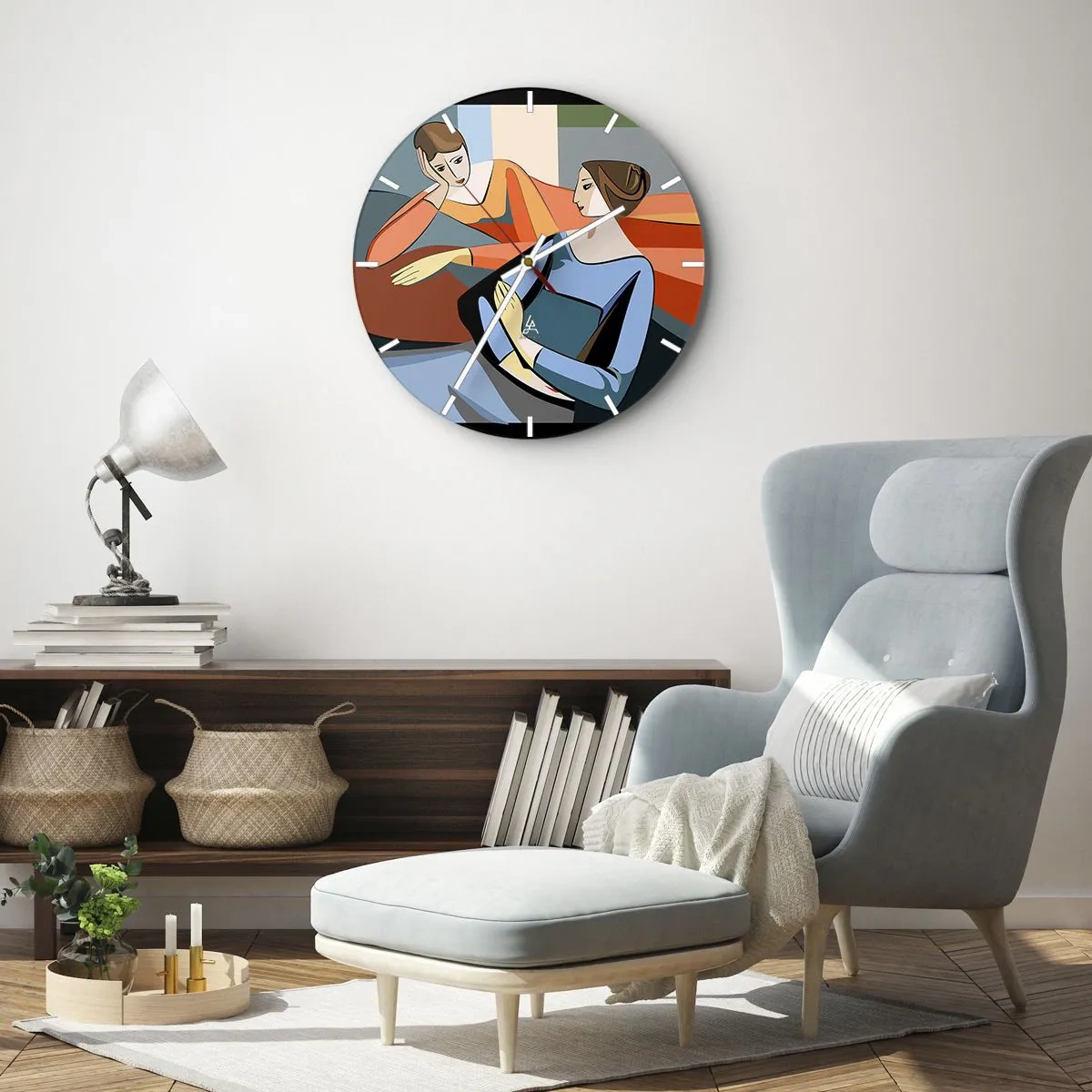 Nástěnné hodiny - Dvě ženy v geometrickém stylu na barevném pozadí - 30x30cm - Chvíle svěření - Moderní nástěnná dekorace do obývacího pokoje, kuchyně a ložnice ARTTOR